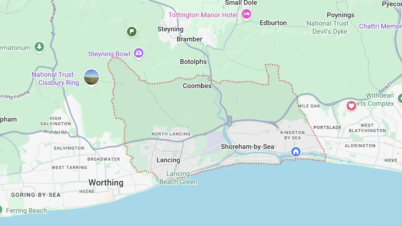 Map of Adur District showing Fishersgate, Lancing, Shoreham, Sompting, and Southwick