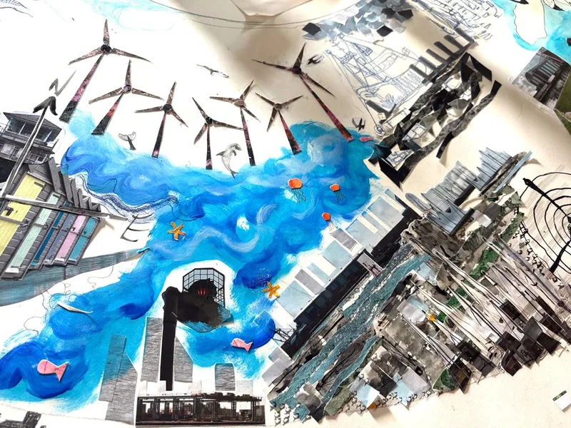 Overhead collage showing wind turbines, port buildings and watercolour sea