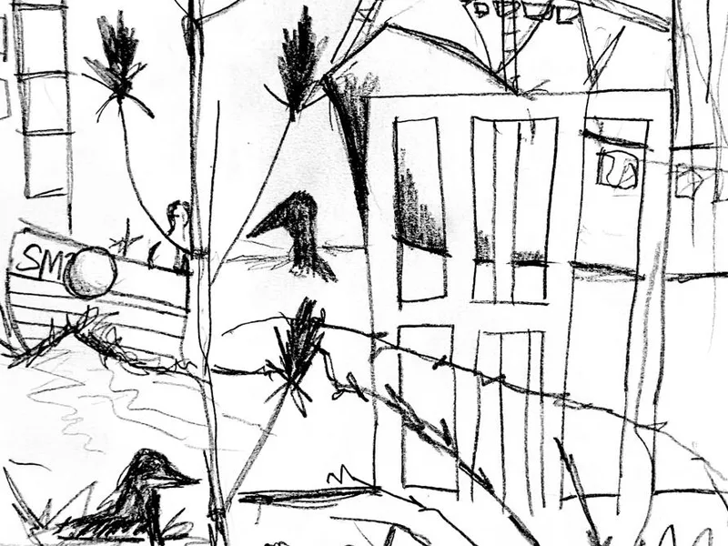 Pencil sketch of the port with boats and buildings